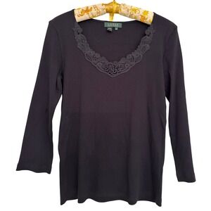 Lauren Ralph Lauren Navy Blue Ribbed Cotton Lace V-Neck Top Womens M Y2K Vintage